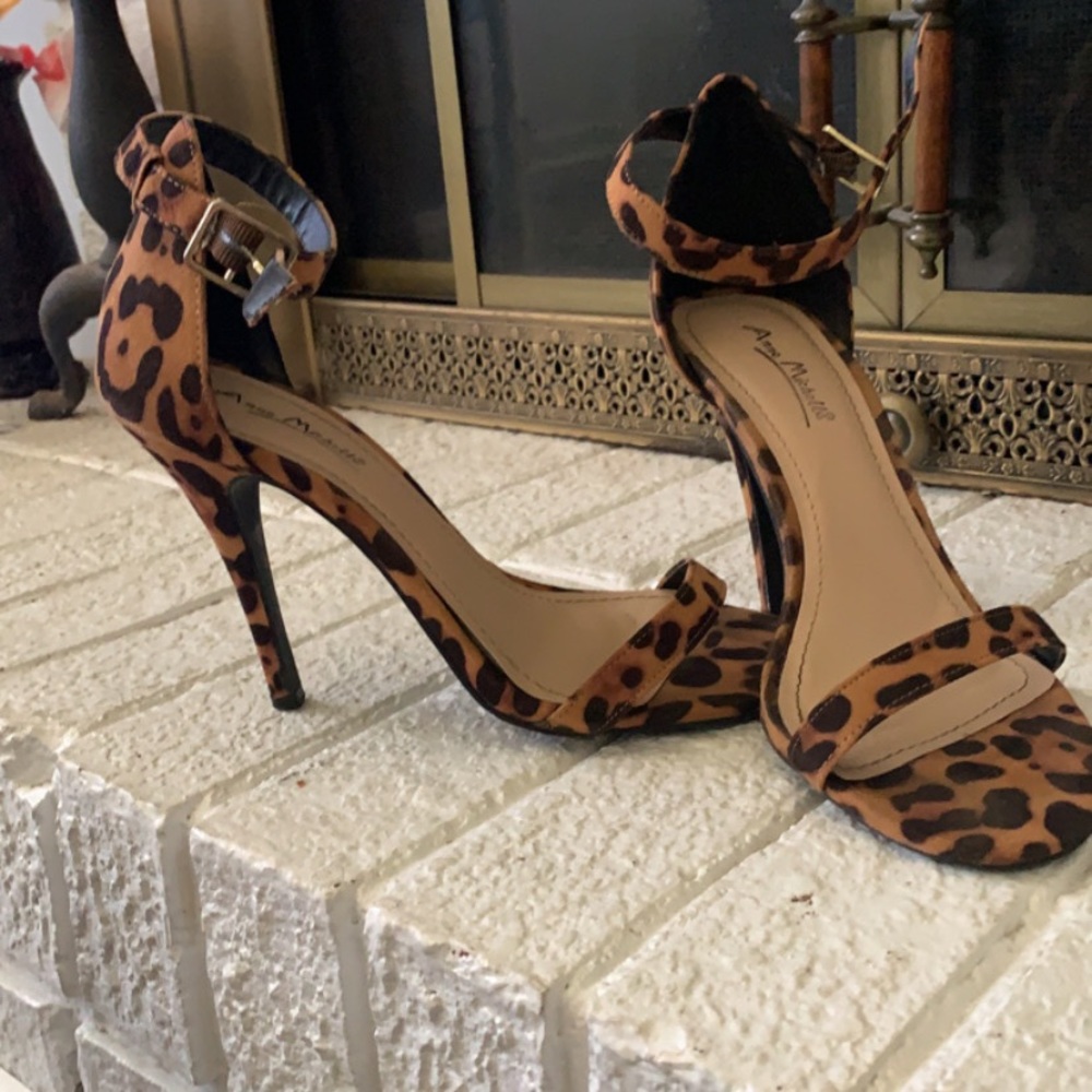 Anne Michelle leopard ankle strap heels